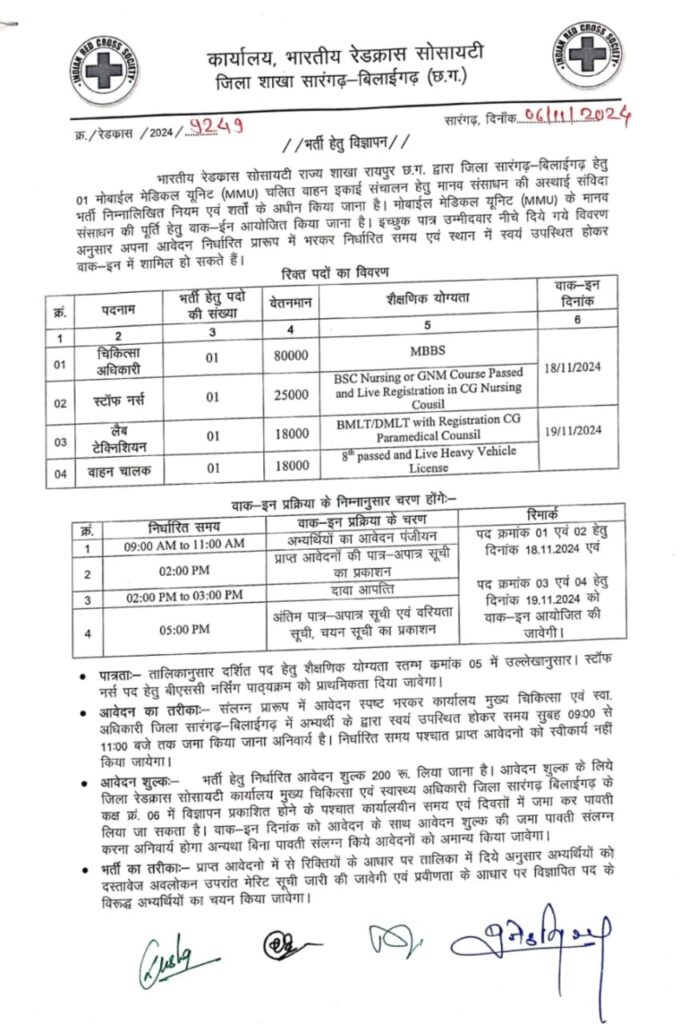 Mobile Medical Unit Vacancy 2024 : जिला सारंगढ़- बिलाईगढ़ में चिकित्सा अधिकारी, स्टाफ नर्स, लैब टेक्नीशियन, वाहन चालक के पदों पर निकली है भर्ती